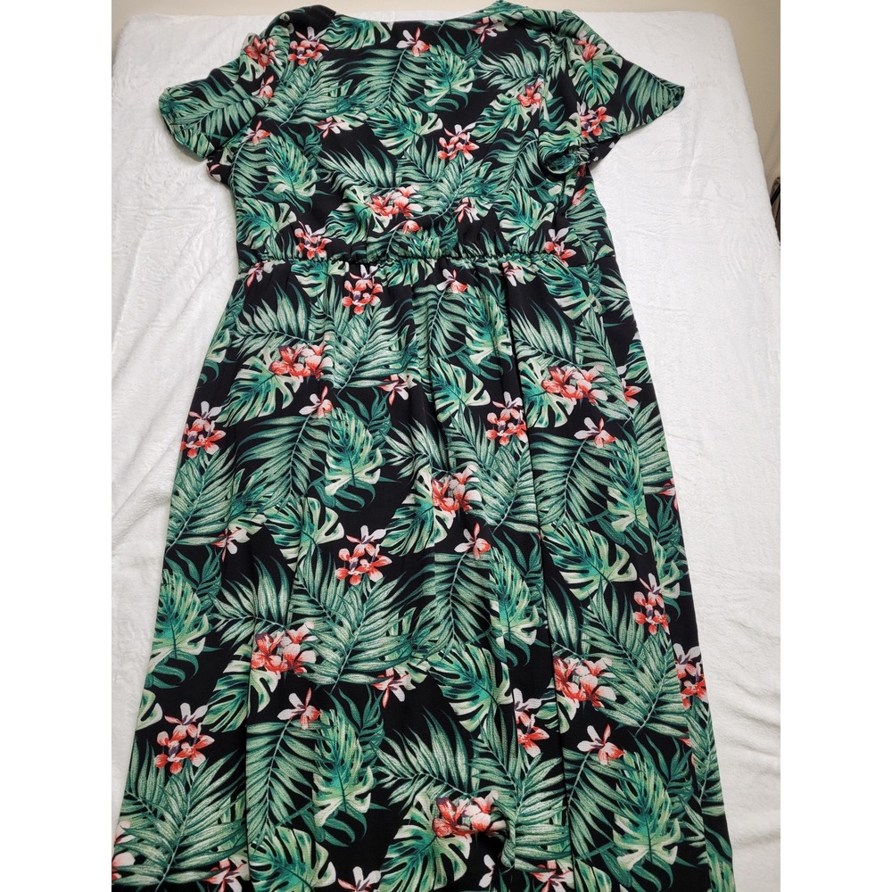 RNB Tropical Leaf Floral Maxi Dress Women 3X Black Green Short Sleeve